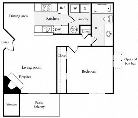 Floor plan for 1 bed, 1 bath, 675 sqft